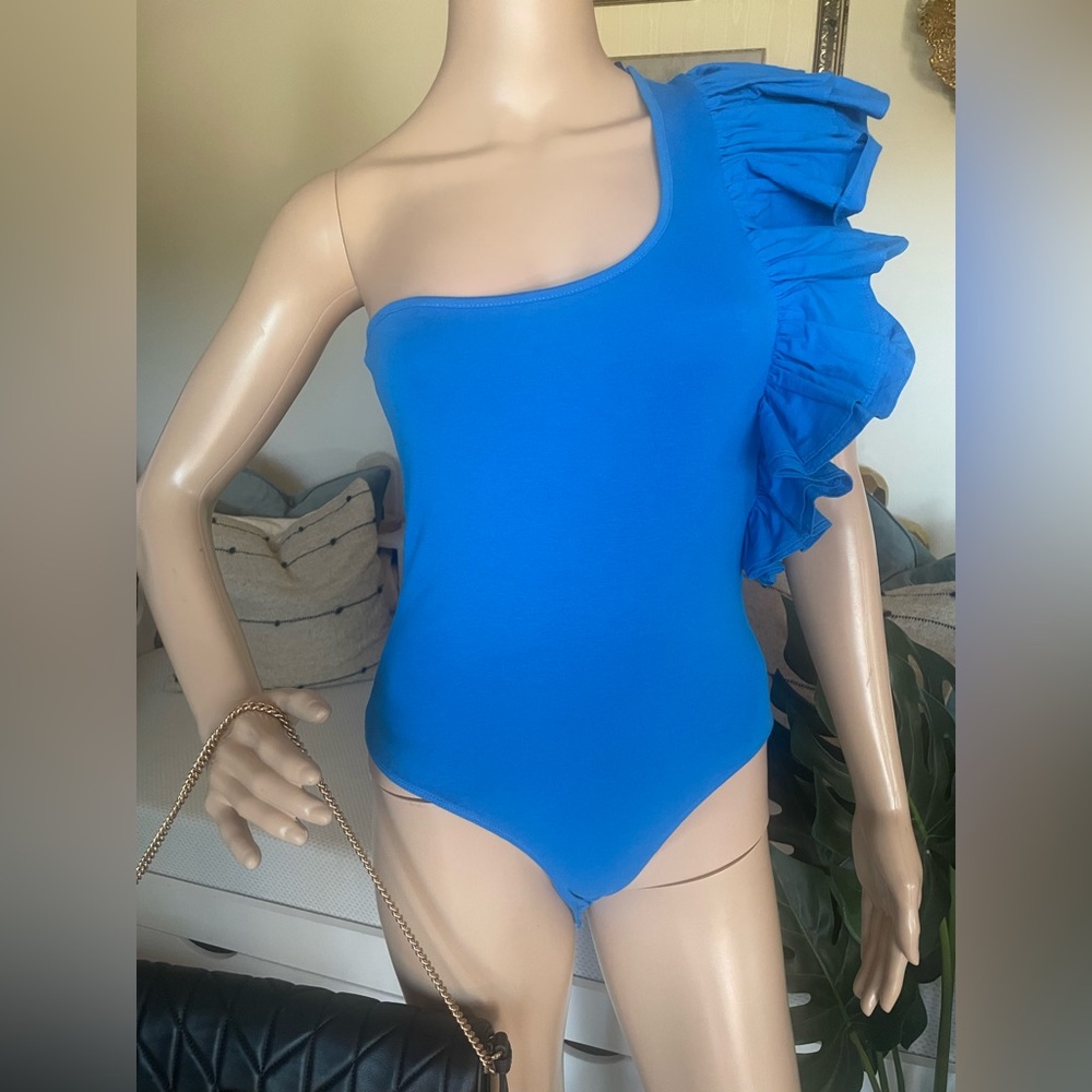 Zara Blue Asymmetrical Bodysuit with Ruffled Shoulder